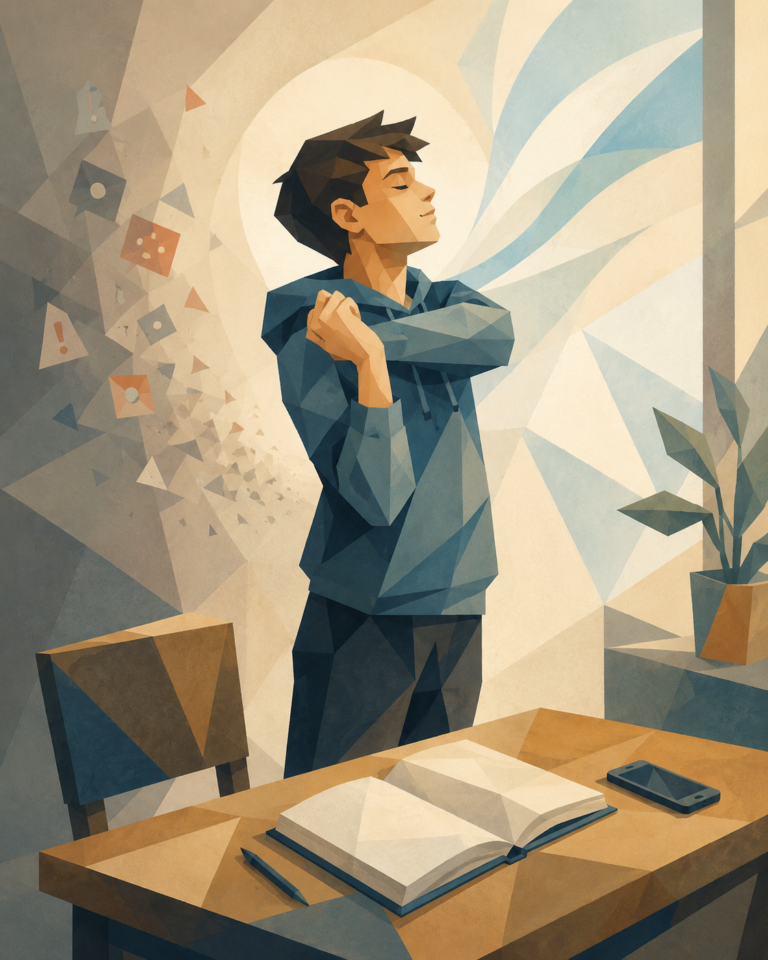 illustration adolescent debout en face d'une table ou y'as un livre et un stylo