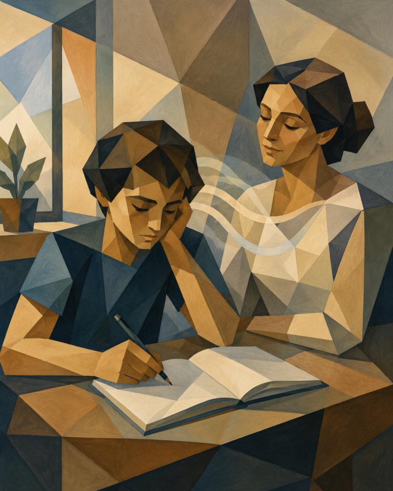 illustration d'un adolescent entrain de réviser avec son cahier et stylo, et ses cotés se dresse une femme assise entrain de le regarder.