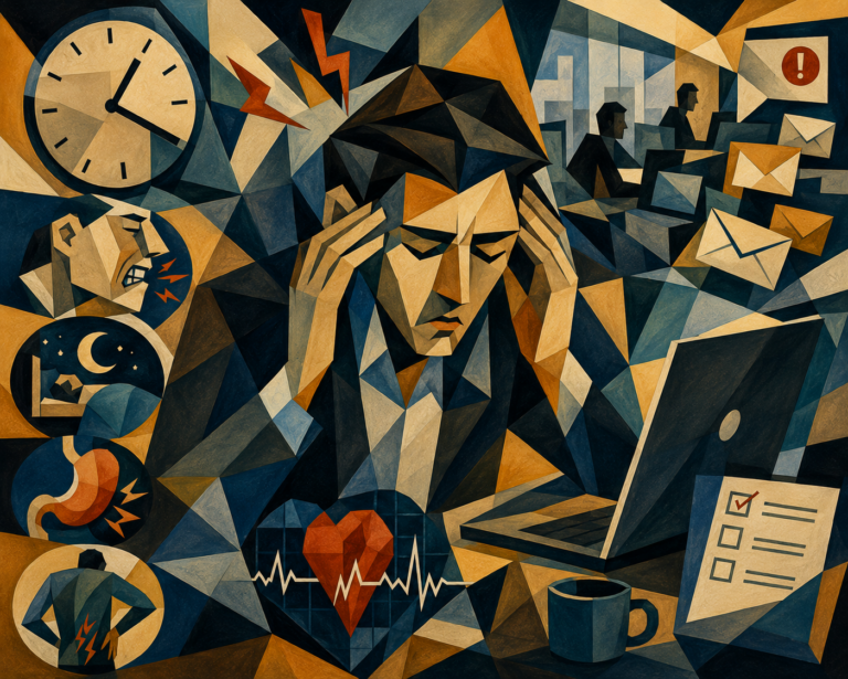 Illustration d'un homme entrain de travailler mais qui est visiblement stresser et à droite on voit les symptômes de son stress à droite.