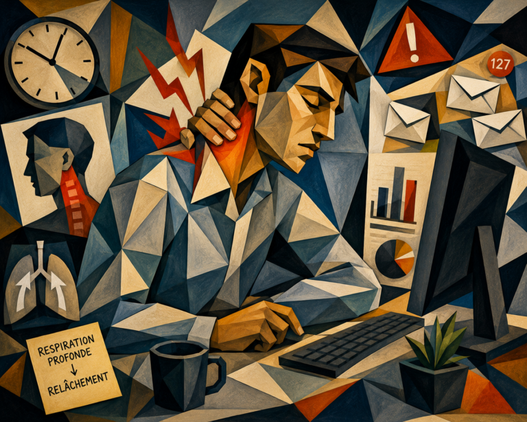illustration "cubiste" stress au travail. Jeune homme avec main sur la nuque et éclairs de douleur