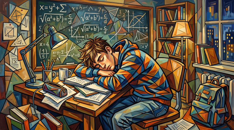 illustration inspiration cubiste : adolescent endormi face à un tableau d'équations